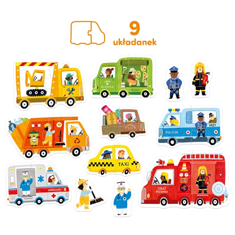 Zestaw 9 kolorowych układanek przedstawiających pojazdy i postacie z zestawu edukacyjnego CzuCzu.