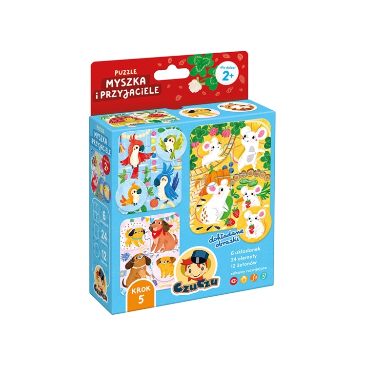 Front opakowania gry edukacyjnej Puzzle Myszka i przyjaciele CzuCzu z grafiką i informacją dla wieku 2+.
