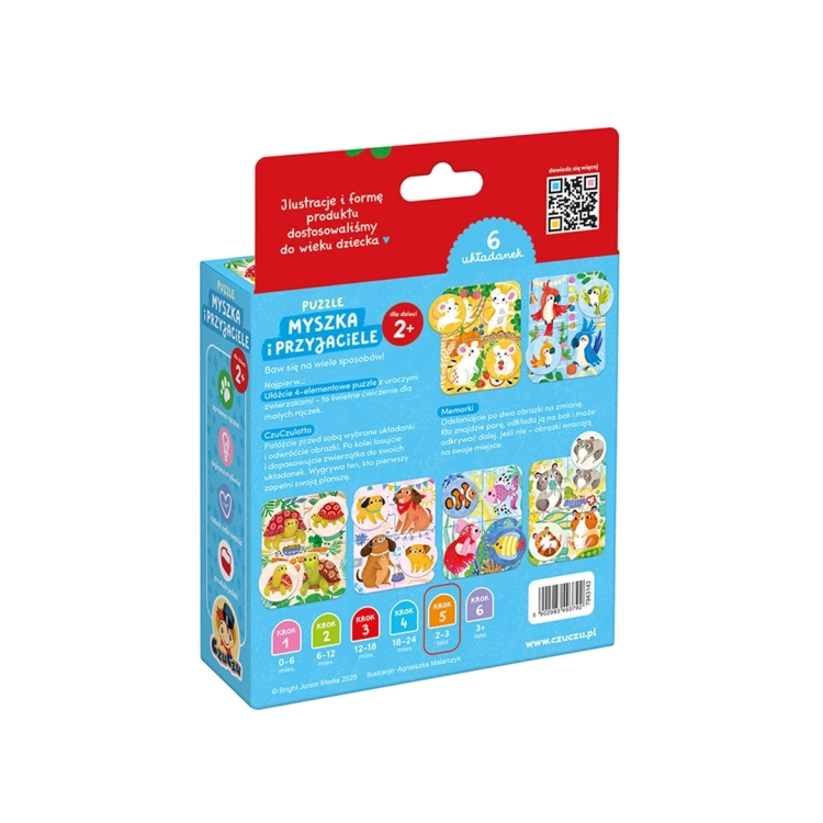 Tył opakowania zestawu Myszka i przyjaciele z opisem zabawy, zawartością i barwnymi ilustracjami układanek.