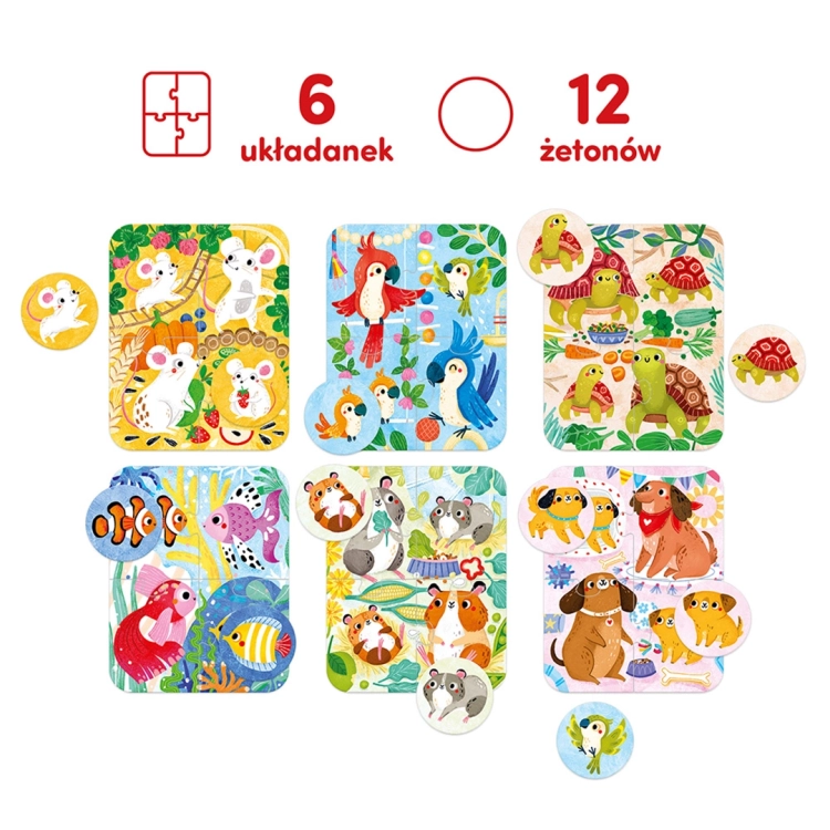 Zestaw 6 kolorowych plansz z motywami zwierząt i 12 pasujących żetonów z ilustracjami z gry Myszka i przyjaciele.
