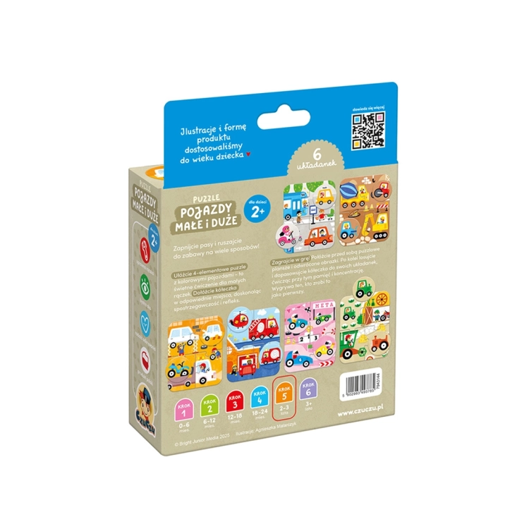 Tył opakowania Puzzle Pojazdy małe i duże z opisem gry, przykładowymi układankami i żetonami do dopasowania.