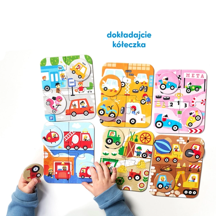 Kolorowe układanki z pojazdami różnego typu, do których pasują żetony z ilustracjami samochodów i maszyn.