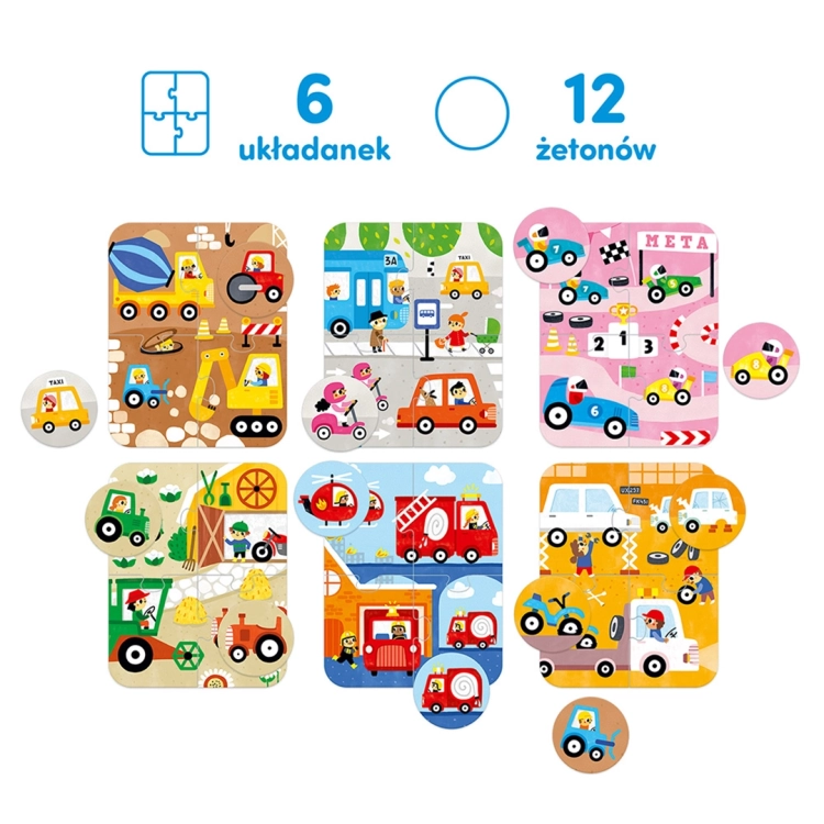 Zestaw 6 plansz z pojazdami i 12 okrągłych żetonów, które należy dopasować do ilustracji na puzzlach.