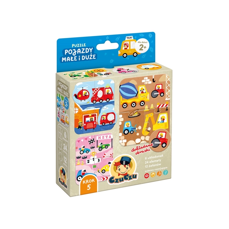 Front opakowania gry edukacyjnej Puzzle Pojazdy małe i duże CzuCzu z informacją o wieku 2+ i zawartości.