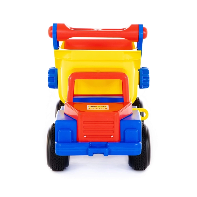 Widok z przodu – wywrotka Polesie z otwartą kabiną i logo na masce.