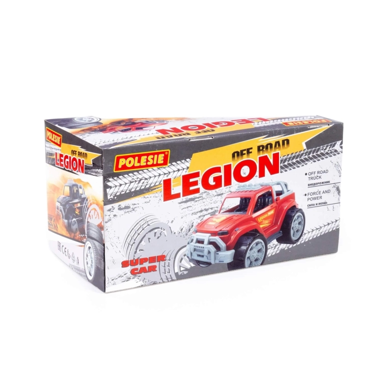Opakowanie zabawkowego auta Legion Polesie z grafiką czerwonego modelu.