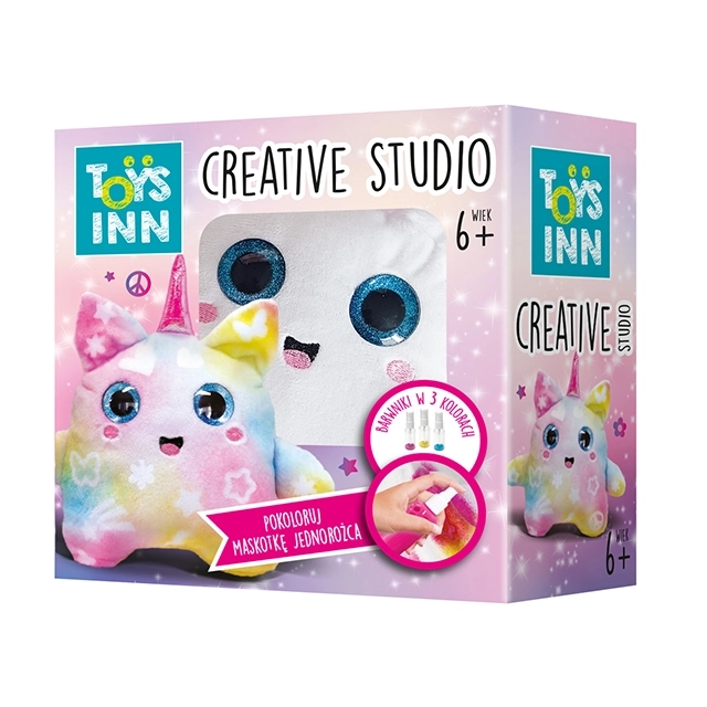 Opakowanie zestawu kreatywnego Spray Dye Unicorn od Stnux z pluszowym jednorożcem do samodzielnego kolorowania, dla dzieci od 6 lat.