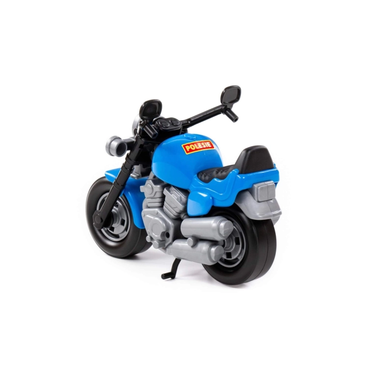 Tył niebieskiego motocykla Bajk z logo Polesie na zbiorniku paliwa.