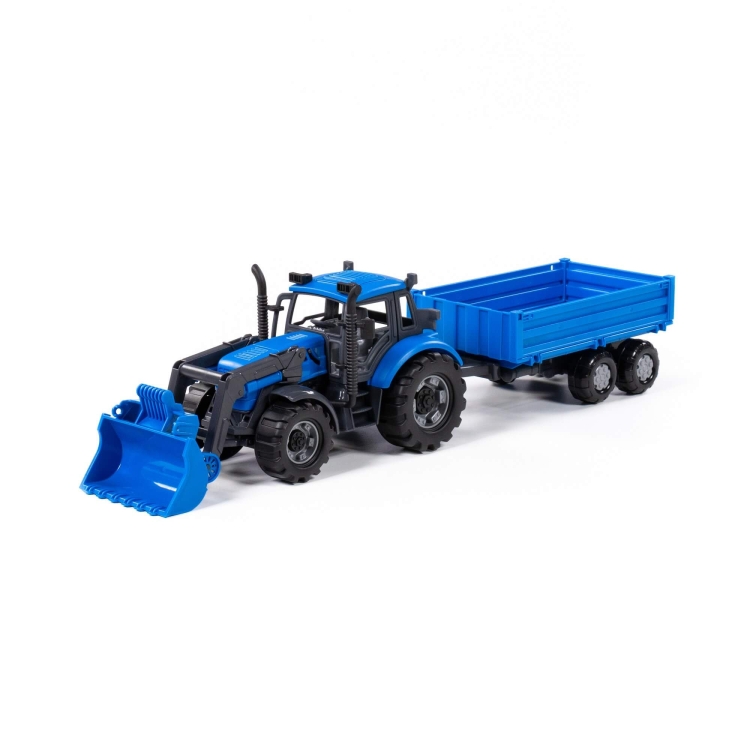 Niebieski traktor Progress z ładowarką i przyczepą burtową