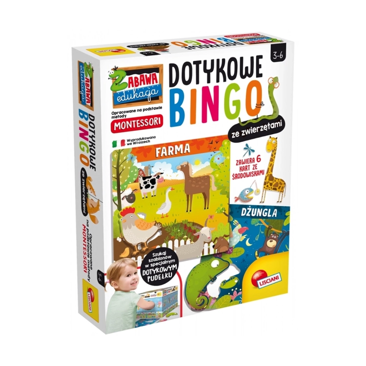 Gra edukacyjna Dotykowe Bingo Lisciani w opakowaniu, wersja ze zwierzętami i metodą Montessori
