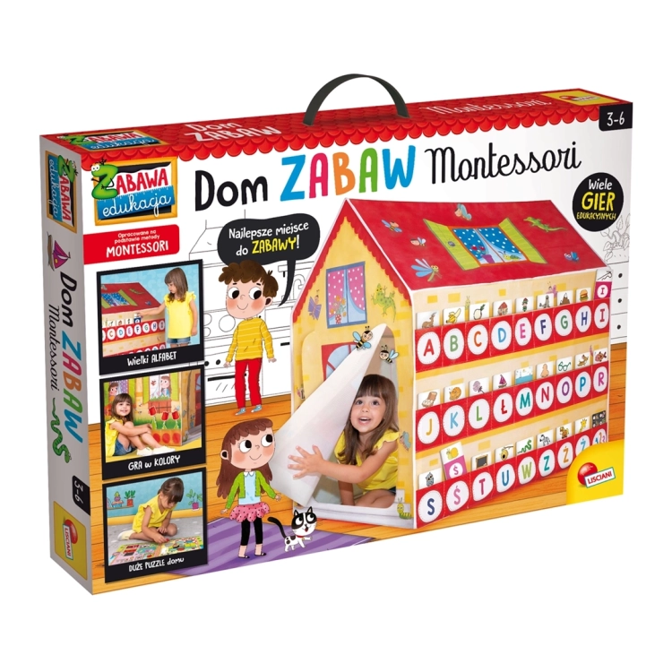 Opakowanie zestawu Dom Zabaw Montessori Lisciani z dziewczynką wchodzącą do środka