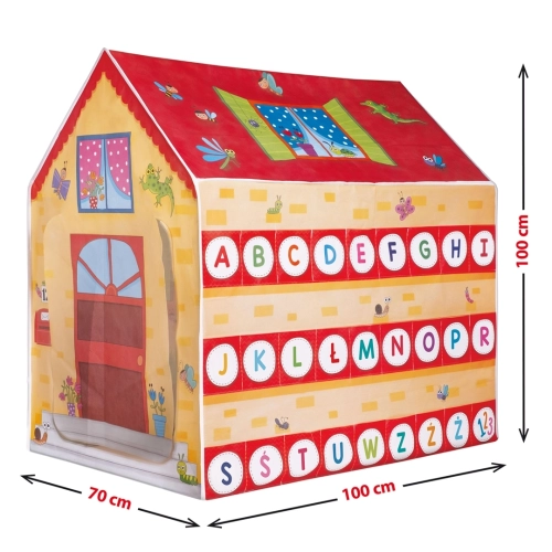 Widok domku edukacyjnego z alfabetem i oznaczonymi wymiarami 100x100x70 cm