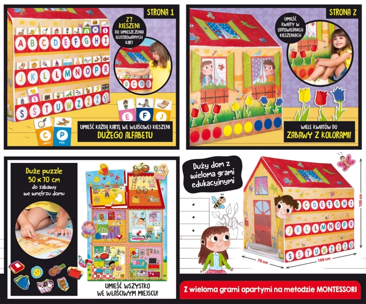 Grafika prezentująca funkcje domku: alfabet, kolory, puzzle i elementy edukacyjne