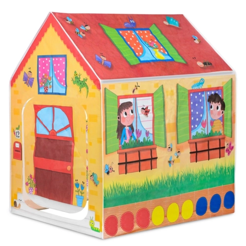 Kolorowy domek edukacyjny Montessori Lisciani z otwartymi okienkami i ilustracjami dzieci