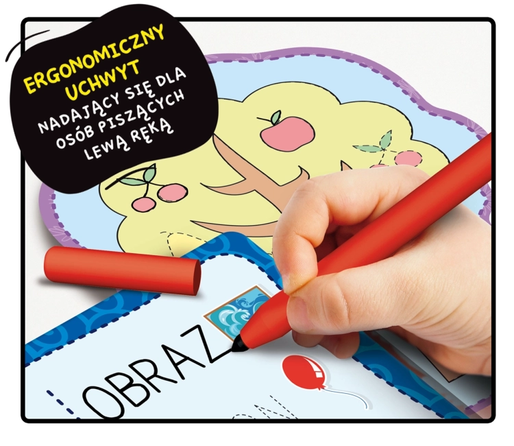 Prezentacja tabliczek edukacyjnych i czerwonego długopisu Montessori Pen z bliska.