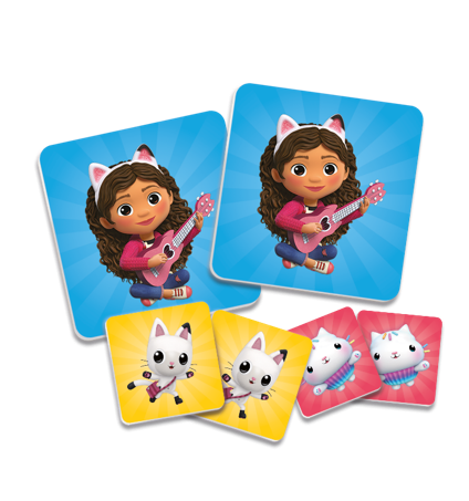 Kafelki z gry pamięciowej Koci Domek Gabi przedstawiające Gabi z gitarą i jej kocich przyjaciół na kolorowych tłach.