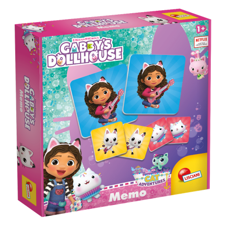 Opakowanie gry pamięciowej Lisciani Koci Domek Gabi z grafiką Gabi i jej kotków oraz kafelkami do gry.