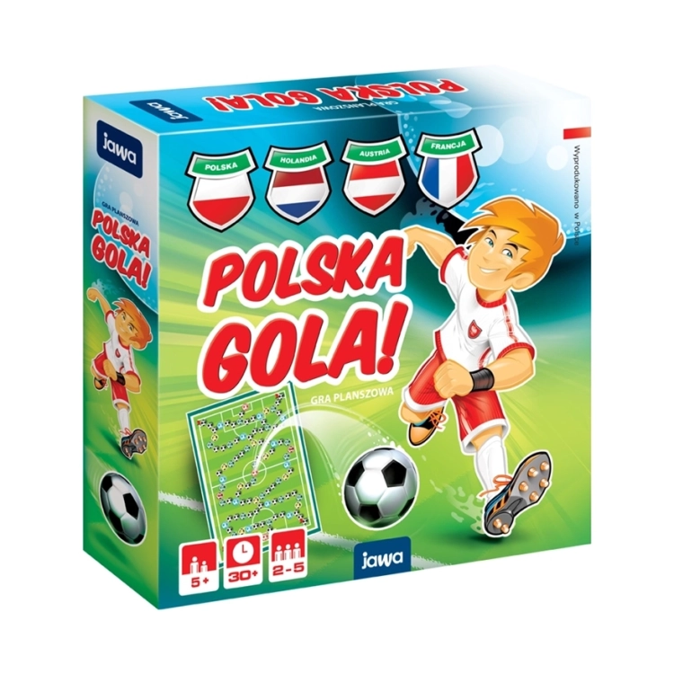 Przód pudełka gry "Polska Gola!" z dynamiczną grafiką piłkarza, logo gry i flagami państw.