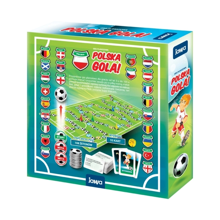 Tylna strona opakowania gry planszowej "Polska Gola!" z planszą, elementami gry i opisem zasad.
