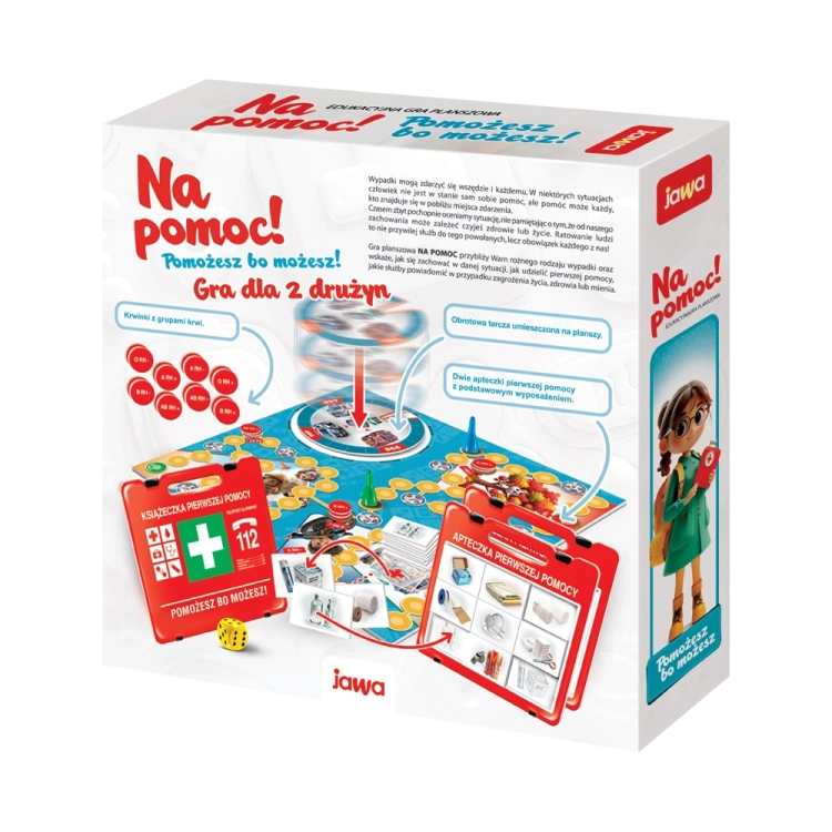 Tył opakowania planszowej gry edukacyjnej Na pomoc! Jawa 6+