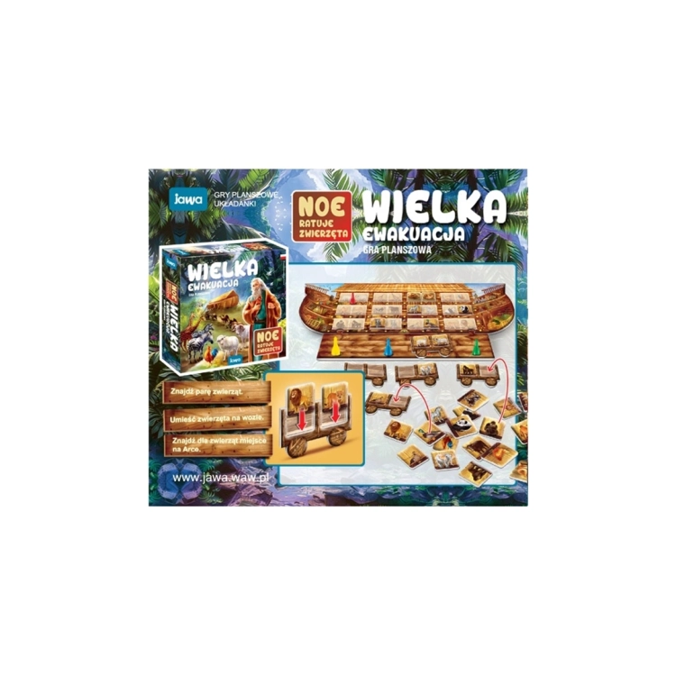 Tył opakowania gry planszowej Wielka ewakuacja Noe ratuje zwierzęta ! Jawa 6+