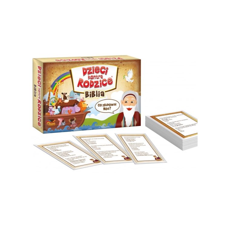 Opakowanie gry karcianej  i zestaw kart Dzieci kontra Rodzice  Biblia Kangur 6+