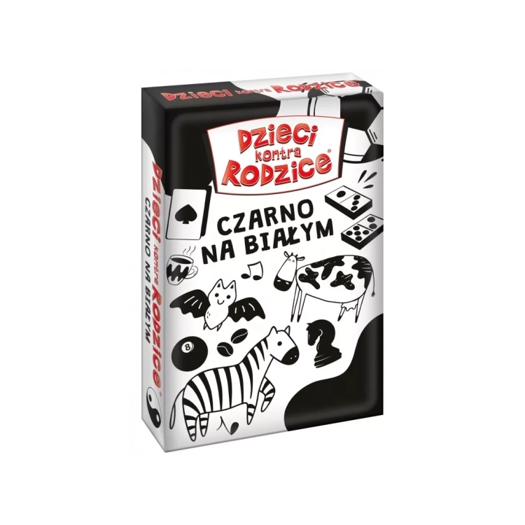 Przód opakowania gry karcianej Dzieci Kontra Rodzice Czarno na białym Kangur 7+