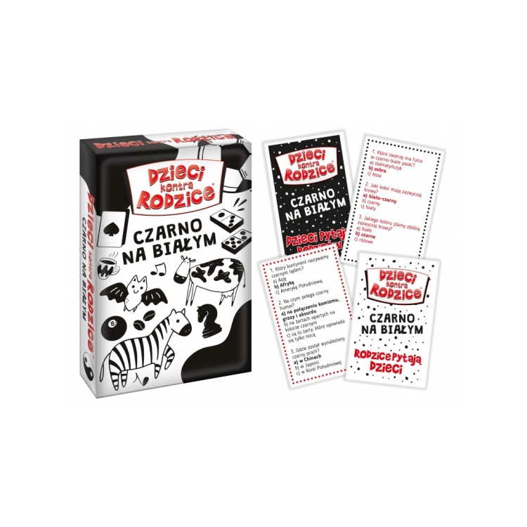 Opakowanie gry karcianej i zestaw kart Dzieci kontra Rodzice Czarno na białym Kangur 7+