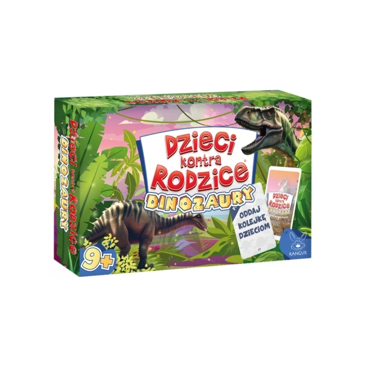 Przód opakowania gry karcianej Dzieci Kontra Rodzice Dinozaury Kangur 9+