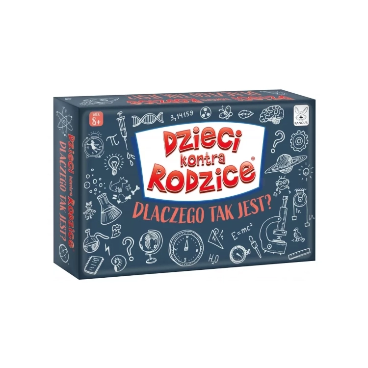 Przód opakowania gry karcianej Dzieci Kontra Rodzice Dlaczego tak jest? Kangur 8+