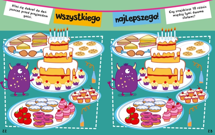 Strona z zadaniem „znajdź różnice” z dwoma obrazkami stołu z tortem i przekąskami oraz fioletowymi stworkami.