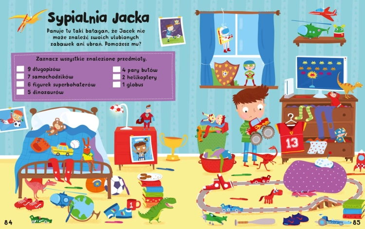 Ilustracja z bałaganem w pokoju dziecka i zadaniem polegającym na szukaniu wymienionych przedmiotów w sypialni Jacka.