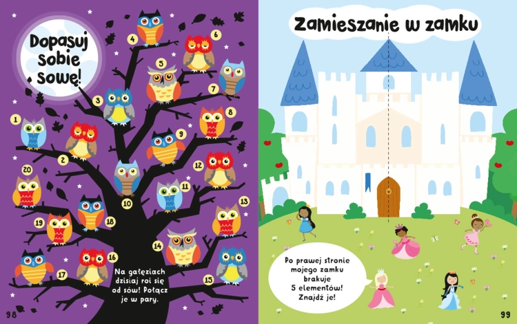 Strony z zadaniami: po lewej dopasowywanie par sówek, po prawej znajdowanie brakujących elementów na ilustracji zamku.