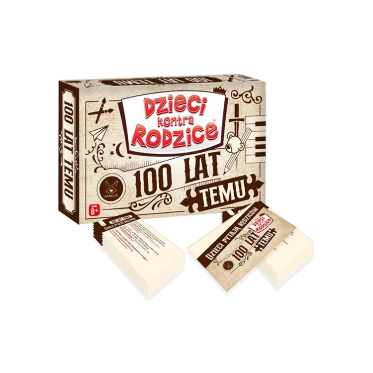 Opakowanie i zestaw kart do gry karcianej Dzieci Kontra Rodzice 100 lat temu Kangur 8+