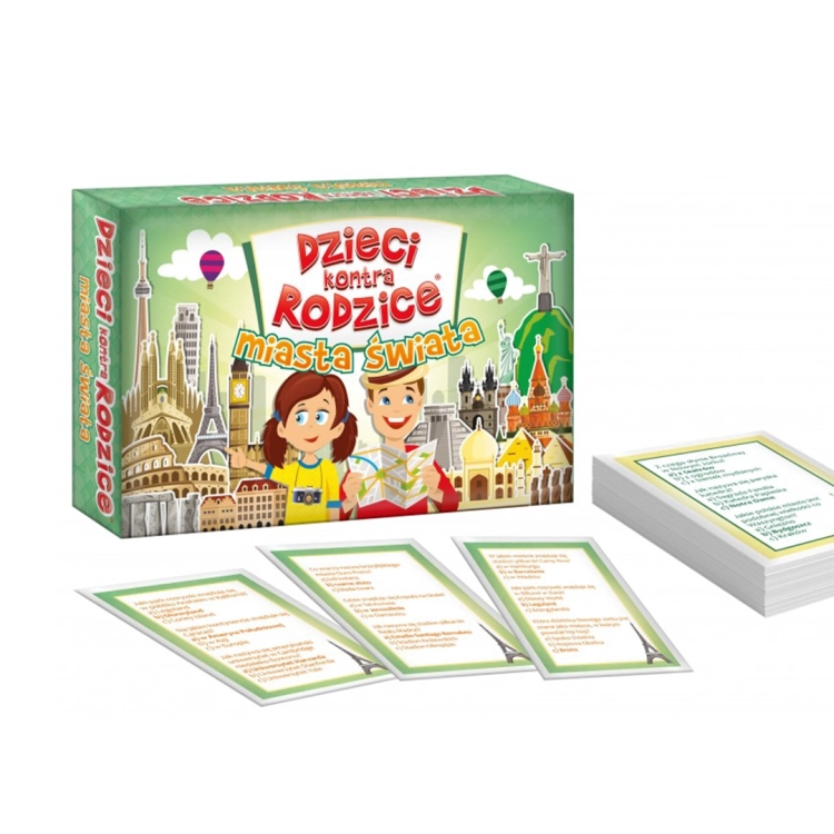 Opakowanie i zestaw kart do gry karcianej Dzieci Kontra Rodzice Miasta Świata Kangur 7+