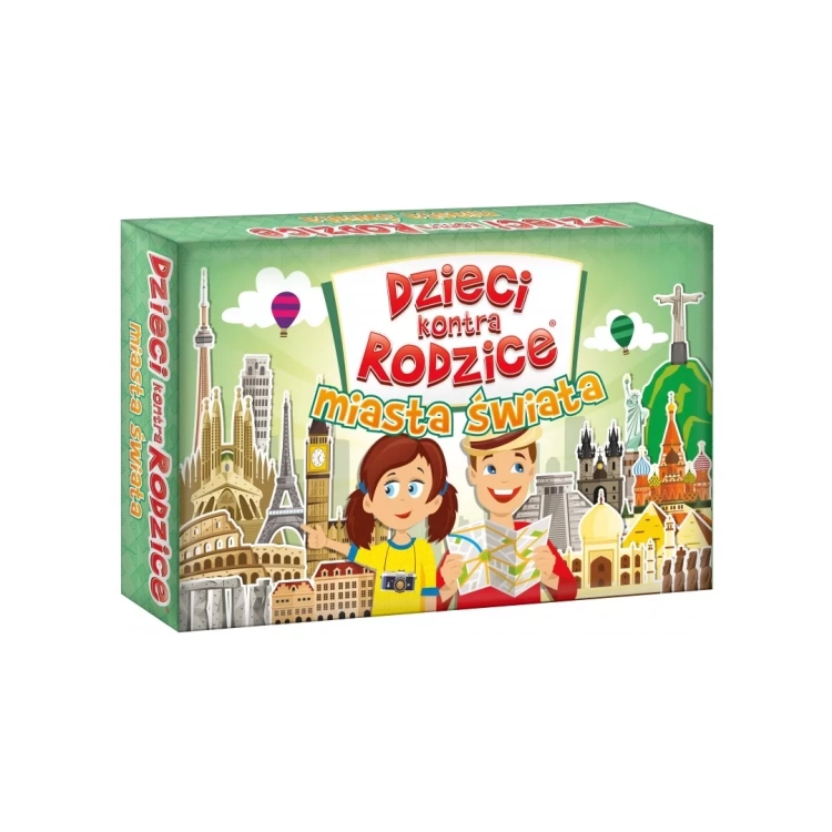 Przód opakowania gry karcianej Dzieci Kontra Rodzice Miasta Świata Kangur 7+