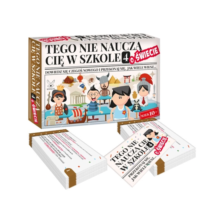 Opakowanie i karty do gry edukacyjnej Tego nie nauczą Cię w szkole Kangur 10+