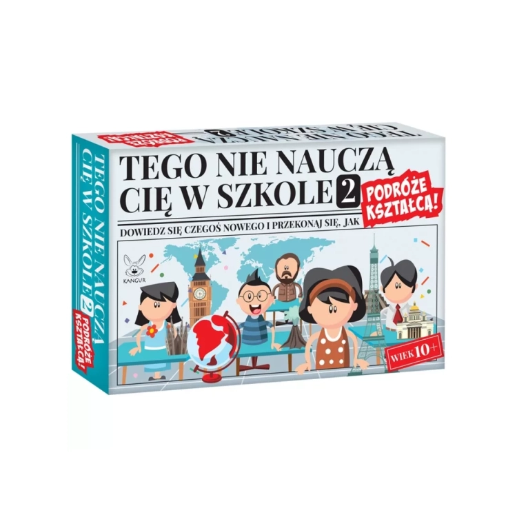 Przód opakowania gry edukacyjnej Tego nie nauczą Cię w szkole 2: Podróże kształcą Kangur 6+