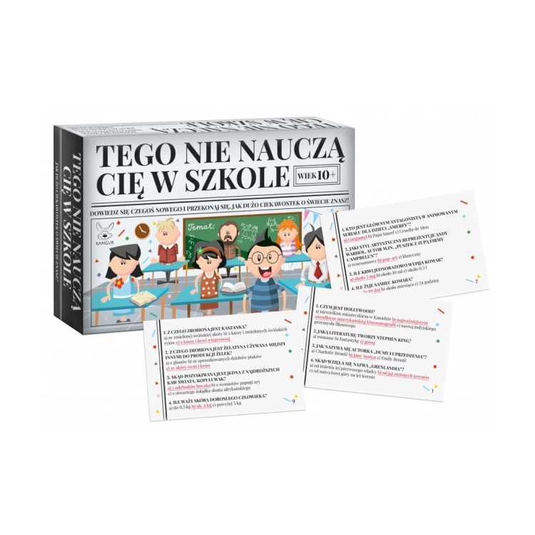 Opakowanie i karty do gry edukacyjnej Tego nie nauczą Cię w szkole Kangur 10+