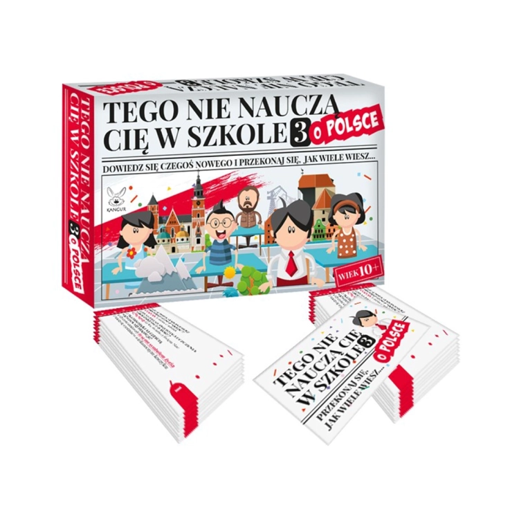 Opakowanie i karty do gry edukacyjnej ego nie nauczą Cię w szkole 3 o Polsce Kangur 10+