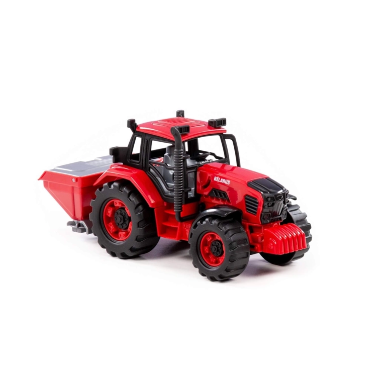 Widok z przodu i boku na czerwony traktor Belarus z siewką – zabawka Polesie