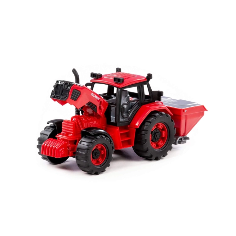 Widok z boku na traktor Belarus z siewką – zabawka rolnicza Polesie