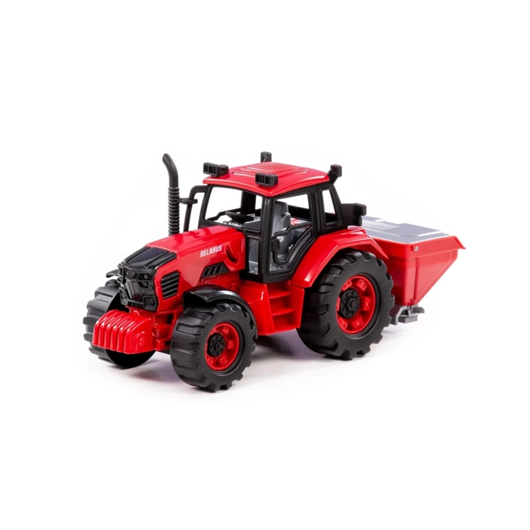Widok z przodu na traktor Belarus z siewką – zabawka pojazd Polesie