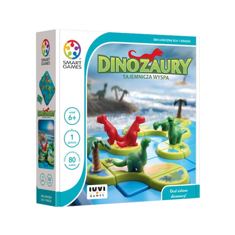 Opakowanie gry logicznej Dinozaury – Tajemnicza Wyspa marki IUVI Games. Na froncie widoczne figurki dinozaurów na planszy oraz oznaczenia wiekowe i liczby zadań. Pudełko przyciąga wzrok dzięki kolorowej grafice i atrakcyjnemu projektowi.