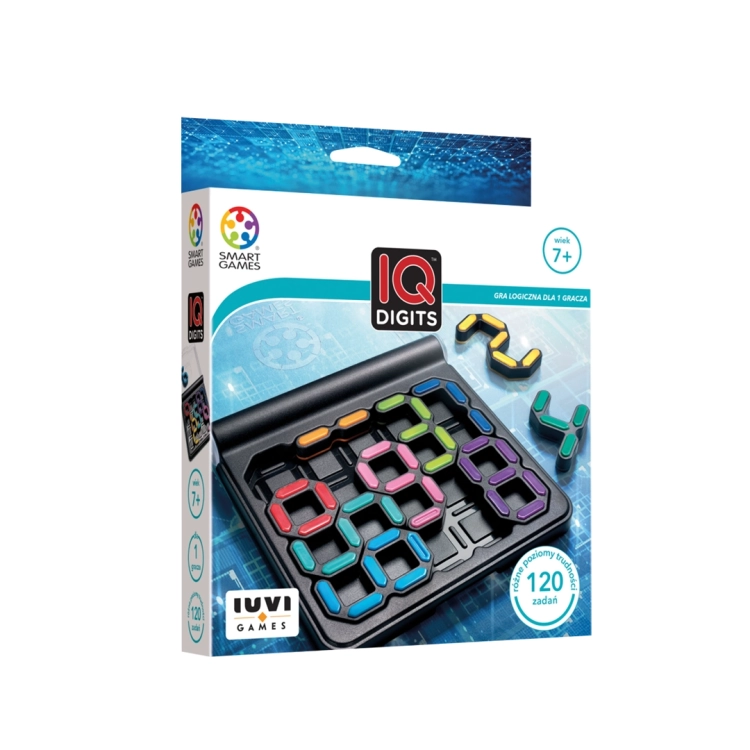 Opakowanie gry IQ Digits Smart Games z kolorowymi cyframi i planszą.