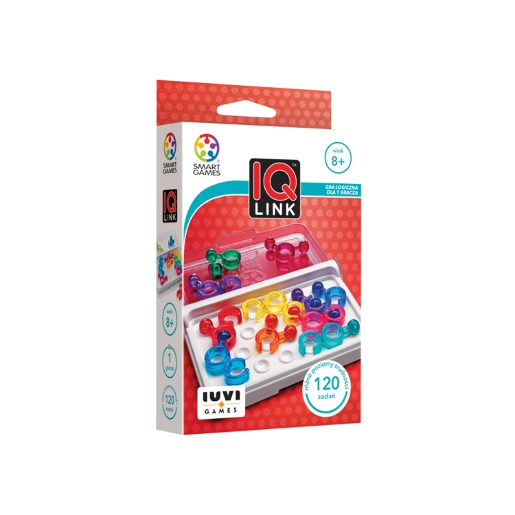 Opakowanie gry logicznej IQ Link od Smart Games z widocznymi elementami i planszą.