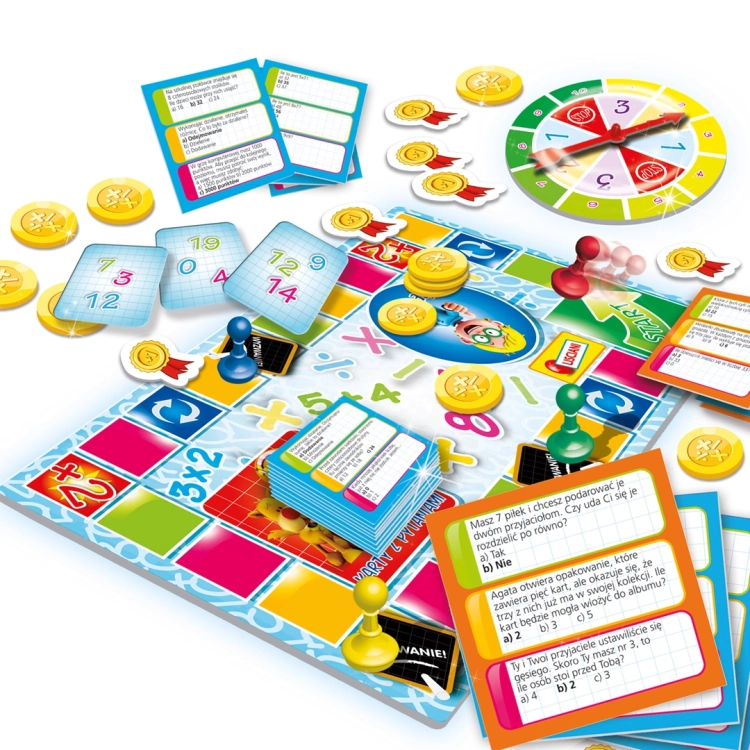 Plansza, karty, żetony i pionki z gry Quiz Matematyka Lisciani