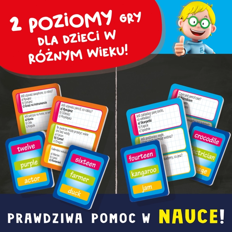 Karty z pytaniami i słownictwem w grze edukacyjnej Quiz Język Angielski
