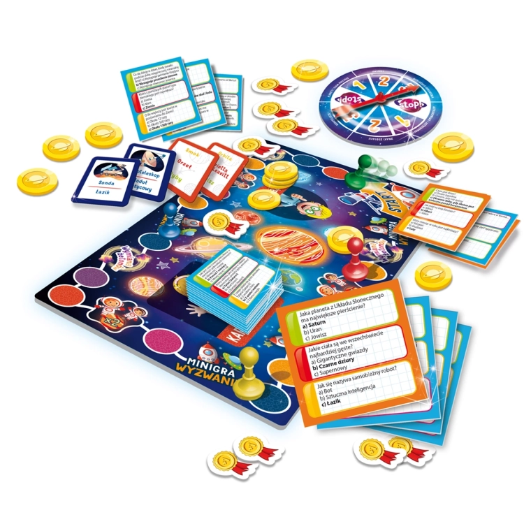 Zawartość gry planszowej Quiz Planety i Gwiazdy – plansza, karty i żetony