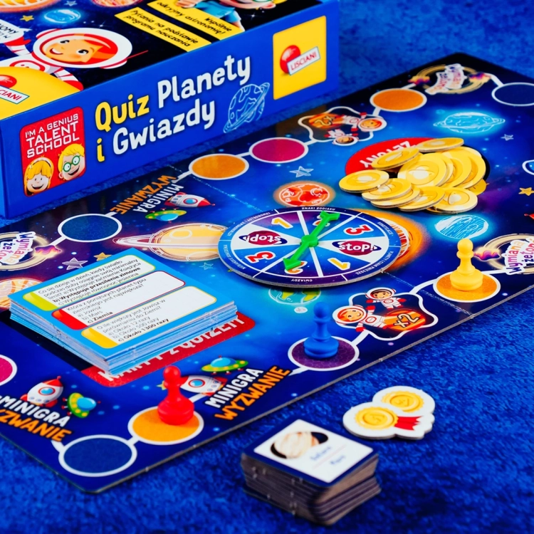 Plansza gry Quiz Planety i Gwiazdy na tle niebieskiego materiału